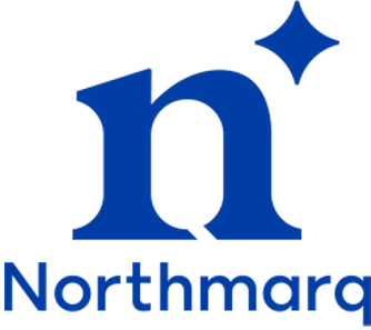 Blue logo with stylized letter 'n'